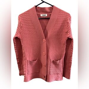 YUNA Textured Knit Cardigan Sweater Rosy Pink Button Front Pockets Women’s Small